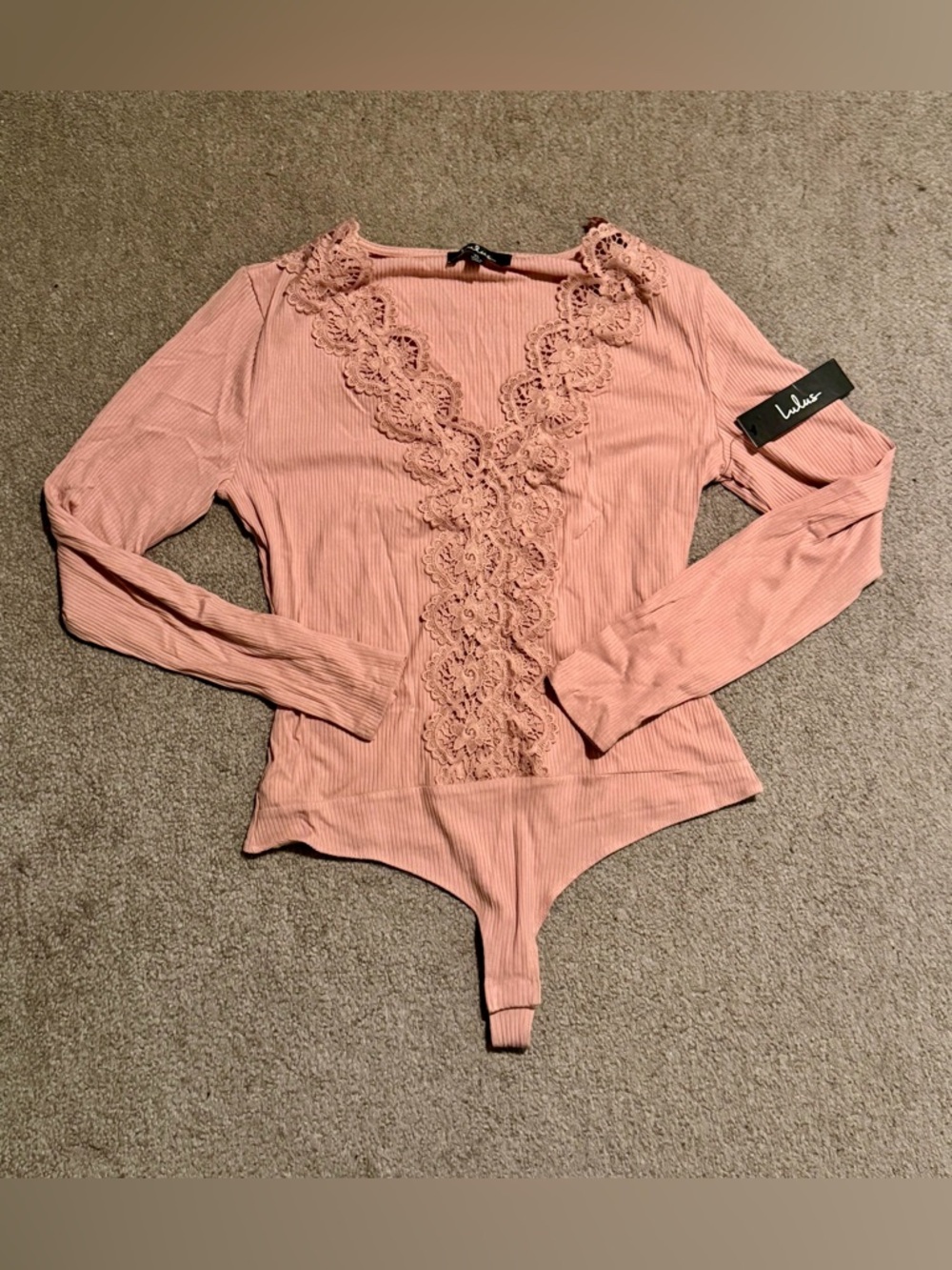 NWT Lulu's Blush Pink Lace-Trim Long Sleeve Bodysuit - XL